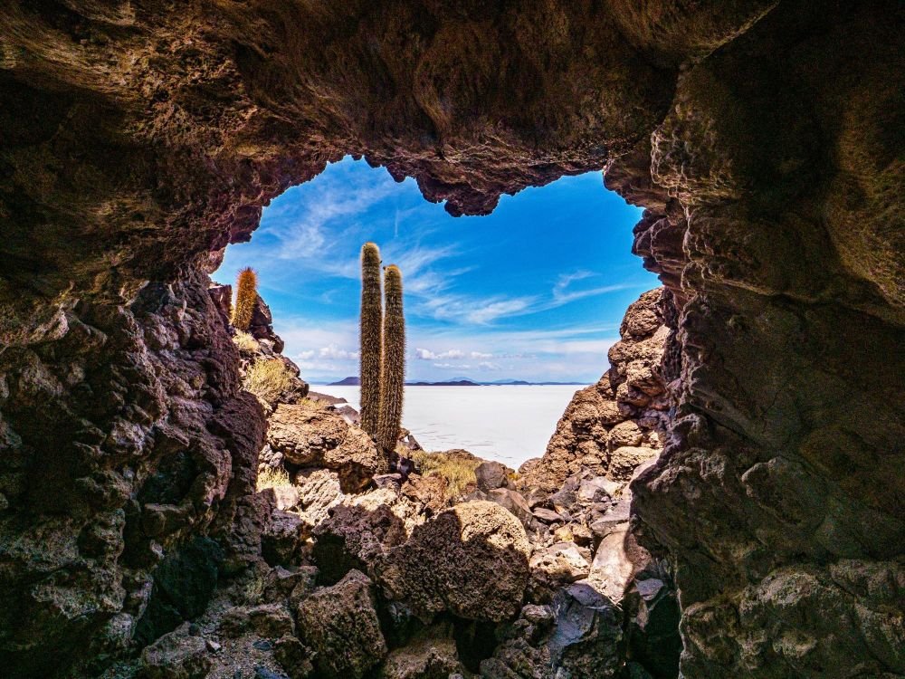 Fenêtre sur l'île d'Inca Huasi au Salar d'Uyuni