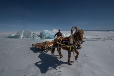 © Terres Oubliées - En traineau à cheval sur le lac En traineau à cheval sur le lac