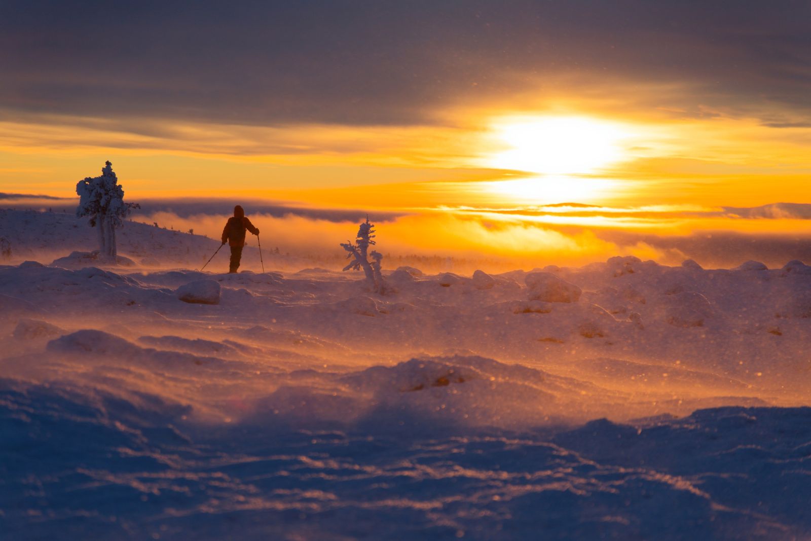 Finlande, lever de soleil en Laponie au cœur de l'hiver