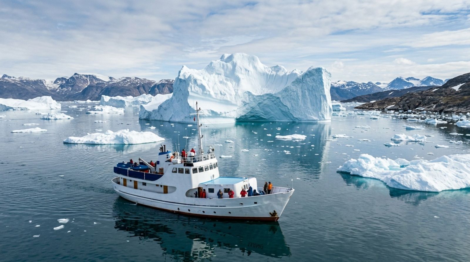 Bateau au milieu des icebergs dans la baie de Disko