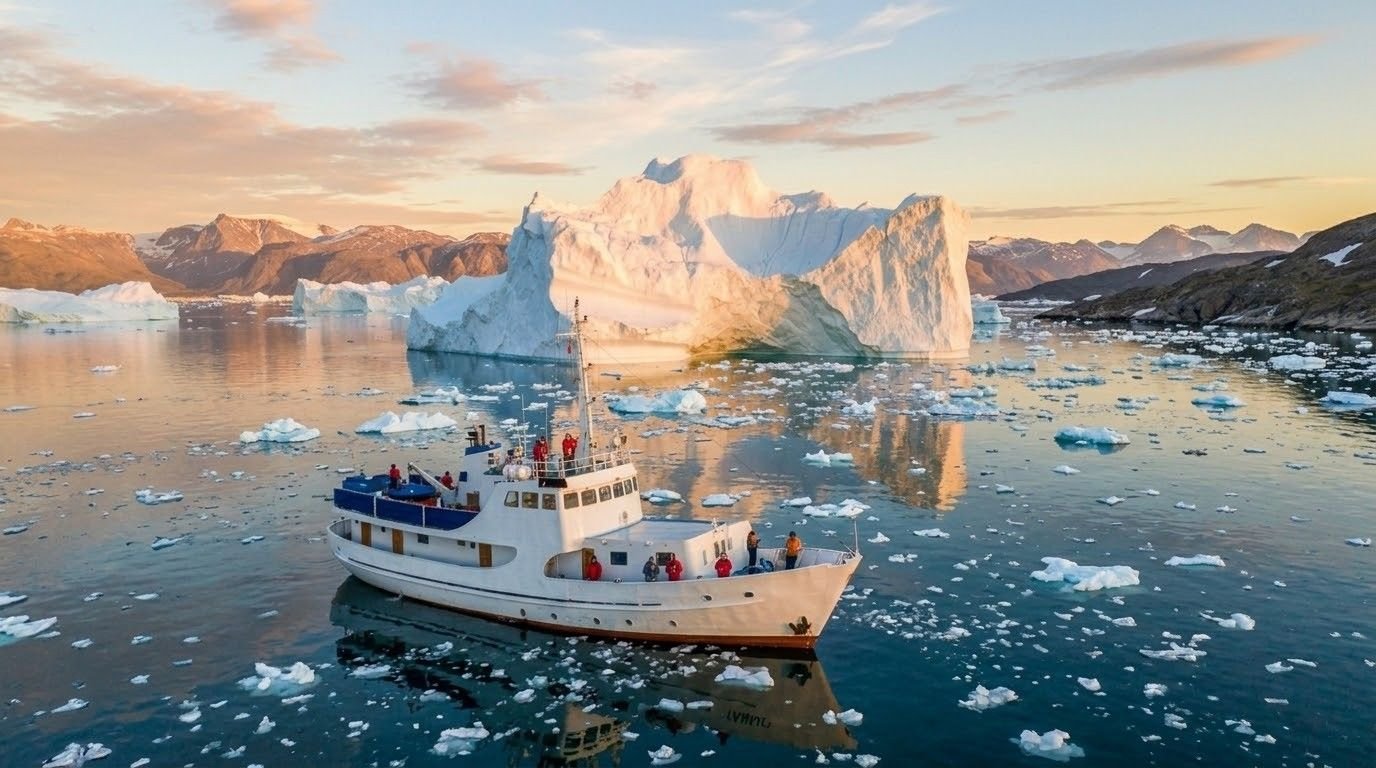 Bateau au milieu des icebergs dans la baie de Disko